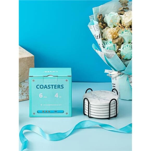 Coasters for Drinks, White Marble-Style Absorbent Coasters with Holder, - Picture 4 of 14